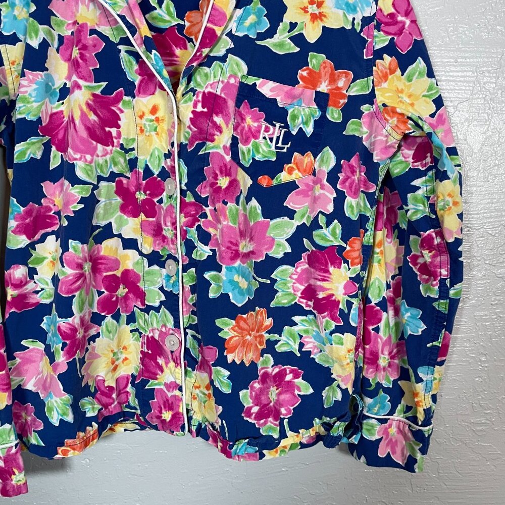 Lauren Ralph Lauren Women S Pink Blue Floral Pajama Set Cotton Button Front - Picture 3 of 13